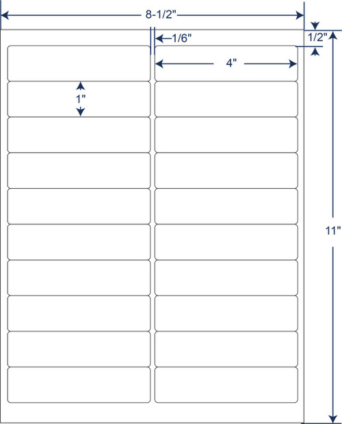 4 x 1 inch white sheeted paper labels with permanent adhesive, 20 labels per sheet, 1000 sheets and 20000 labels per case, SKU 340771