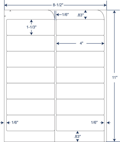 4 x 1-1/3 inch white sheeted paper labels with permanent adhesive, 14 labels per sheet, 1000 sheets and 14000 labels per case, SKU 345781