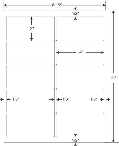 4 x 2 inch white sheeted paper labels with permanent adhesive, 10 labels per sheet, 1000 sheets and 10000 labels per case, SKU 340760