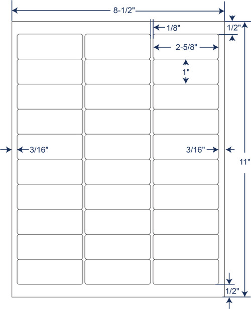 2 5/8 x 1 inch white sheeted paper labels with removable adhesive, 30 labels per sheet, 250 sheets and 7500 labels per case, SKU 331334