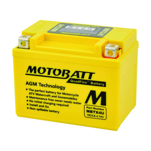 MotoBatt AGM Battery, 12V 2.3Ah, Compact Powersports Fit (MBTX4U)
