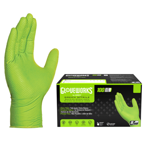 Gloveworks HD Diamond Textured Green Nitrile Ind Disposable Gloves, M, 1000ct, by AMMEX