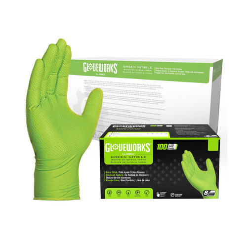Ammex GWGN46100 Large HD Diamond Textured Green Nitrile Gloves