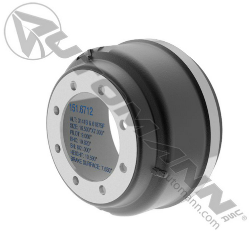Automann Brake Drum 16.5" x 7" - 8-Hole, Heavy Duty (151.6712)