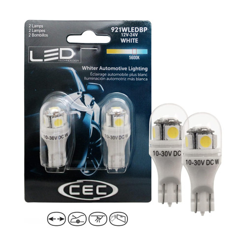 CEC Industries LED Miniature Lamp T‑5 (W2.1x9.5d) 12–24 V Bulb Qty: 2 (921WLEDBP)