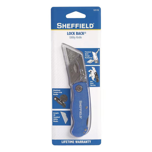 Sheffield folding lock-back utility knife blue aluminum handle