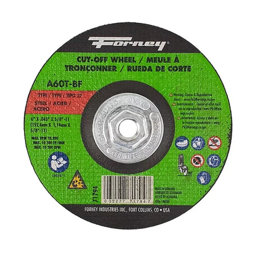 Forney 6 in x 0.045 in Type 27 Steel Cutting Wheel, 5/8 in-11 Arbor, A60T-BF (71794)