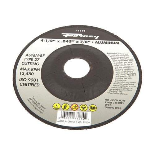 Forney Cut-Off Wheel, Aluminum, Type 27, 4-1/2" x 0.045" x 7/8" (71814)