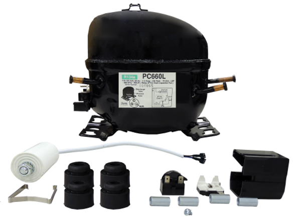SUPCO -- SPC660L--REFRIGERATION COMPRESSOR 1/5hp Compressor 660 BTU Refrigeration compressors include electrical accessories, grommets and sleeves.