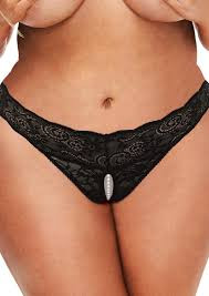 Lace and Pearls Crotchless Thong-Black
