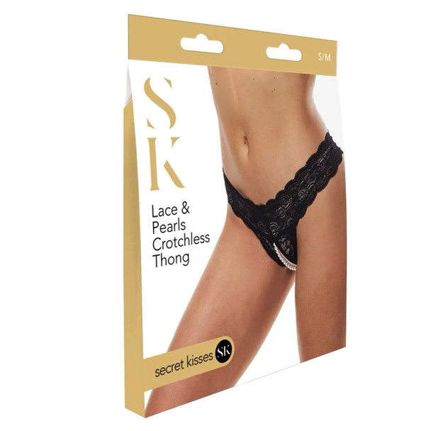 Lace and Pearls Crotchless Thong-Black