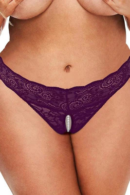 Lace and Pearls Crotchless Thong-Purple