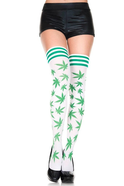 Leaf Print Striped Thigh High