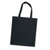 A black tote bag featuring sturdy handles and a simple, clean design.