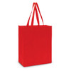 A red tote bag with two sturdy handles, featuring a spacious interior for carrying items.
