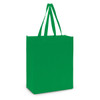A green tote bag with long handles, designed for carrying various items.