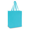 A turquoise tote bag with two sturdy handles, featuring a spacious design ideal for carrying various items.