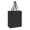 A black tote bag with two sturdy handles and a spacious design.