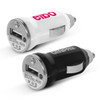 A white and a black mini car charger, featuring USB ports and branded logos.