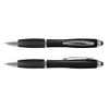 A black stylus pen with silver accents, featuring a logo, positioned at two angles.