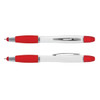 A multi-function pen with a white body and red grip, featuring a silver clip and accents. It has branding visible.