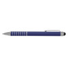 A blue stylus pen with silver accents and a black tip, featuring a clip and decorative rings.