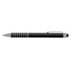 A black stylus pen with silver accents and a rubber tip for touchscreens. Features a clip and decorative lines.