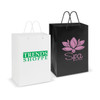 A large laminated carry bag in white with a logo and another in black featuring a pink logo. Both have handle cords.