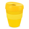 A drink bottle in bright yellow with a matching lid and silicone grip, featuring a logo. A drink bottle in bright yellow with a matching lid and silicone grip, featuring a logo.