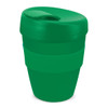 A drink bottle in various shades of green with a removable lid, featuring a branding element. A drink bottle in various shades of green with a removable lid, featuring a branding element.