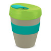 A drink bottle in green and light grey with a matching lid and an accent band around the middle. It features a logo.