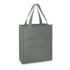 A green tote bag with two handles and a simple design. It has a logo on one side.