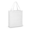 A white A4 tote bag with two handles and a simple design, featuring a logo on one side.
