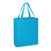 A bright blue A4 tote bag with two handles and a simple design, featuring a logo on one side.
