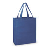 A blue tote bag with two handles and a structured design, featuring branding on the side.