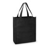 A black tote bag with two straps and a simple design. It features a logo on one side.
