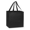 A black tote bag with sturdy handles and a simple design. It features a branding logo on one side.