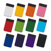 A collection of Lycra phone wallets in various colours including white, yellow, orange, pink, red, green, and black, featuring a logo.