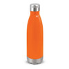 A drink bottle with an orange body and a silver stainless steel base, featuring a logo.