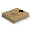 A round cheese board packaged in a brown cardboard box with a simple design, featuring a logo.