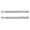 A metal stylus pen in silver and black, featuring a sleek design and a clip, along with a logo.