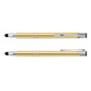 A gold metal stylus pen featuring a sleek design and a chrome clip. It has a logo on its body.