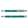 A teal metal stylus pen with a silver clip and tip, displayed from two angles. It features a logo on the barrel.