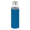 A drink bottle with a glass body is encased in a bright blue neoprene sleeve, featuring a metal lid.