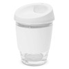 A drink bottle in white with a clear glass base and a lid featuring a spout, designed for beverages.