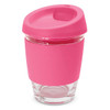 A drink bottle with a pink silicone lid and sleeve, featuring a glass body. It has a smooth, modern design.
