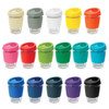 A range of Metro Cups in various colours, featuring transparent bases and coloured lids, including a logo.