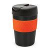 A drink bottle in black with an orange grip, featuring a lid and a sleek design. It has a logo on the surface. A drink bottle in black with an orange grip, featuring a lid and a sleek design. It has a logo on the surface.