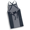 A denim bib apron featuring shades of dark blue and grey, with a waist tie and crossed back straps.