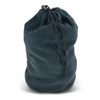 A dark green polar fleece drawstring bag with a cinched top and adjustable cord. It features a logo.